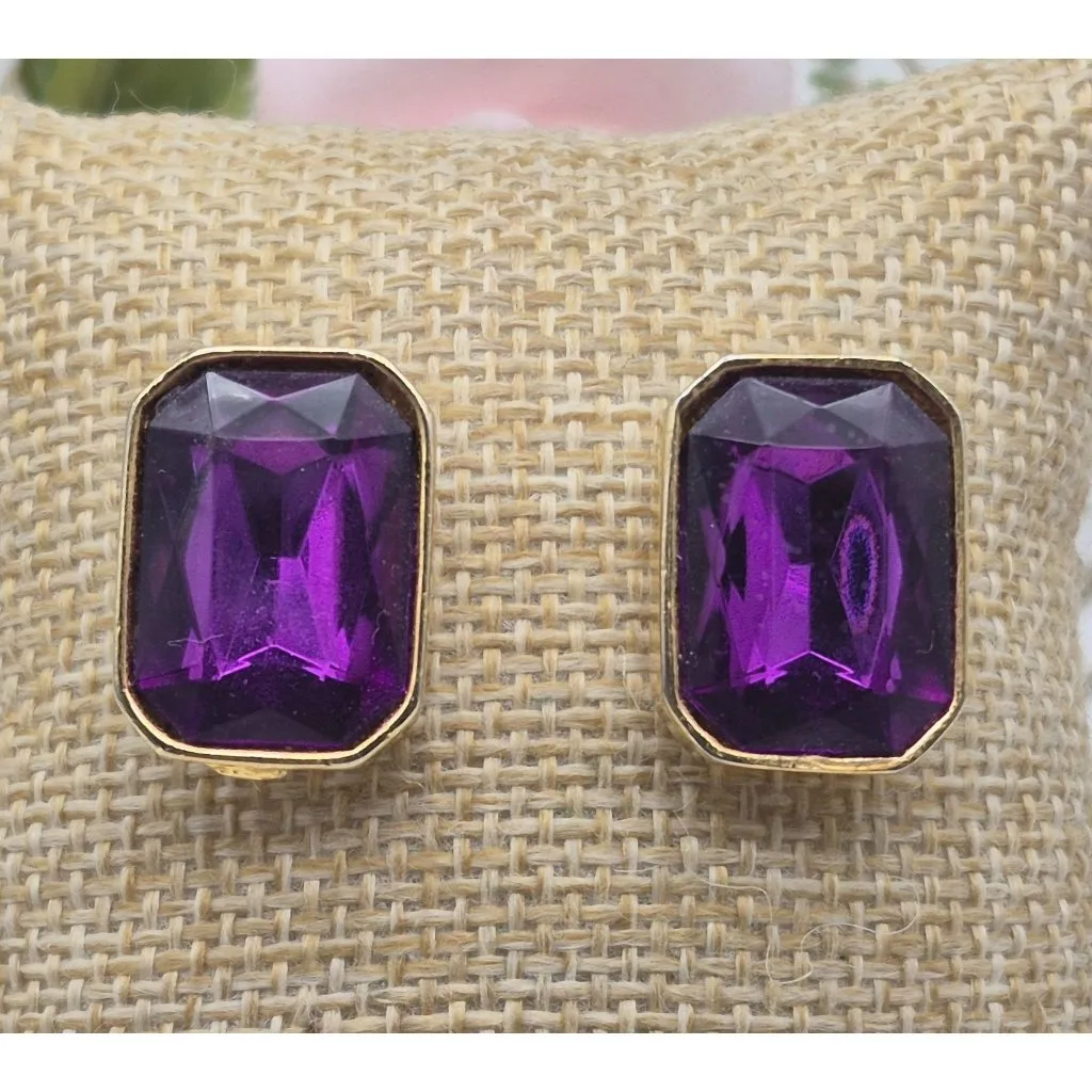 Gold Tone & Purple Crystal Rectangle Statement Stud Earrings Prom Formal Event - Image 2