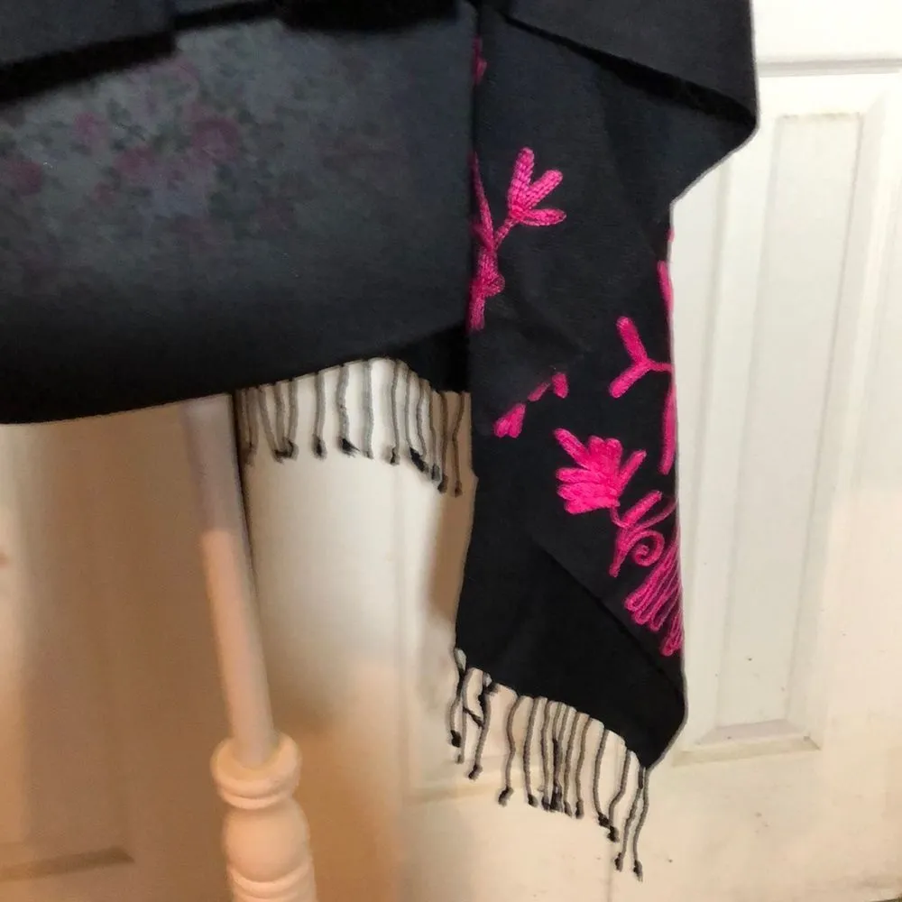 Wide Black Scarf Pink Embroidery Fringed Ends - Image 9