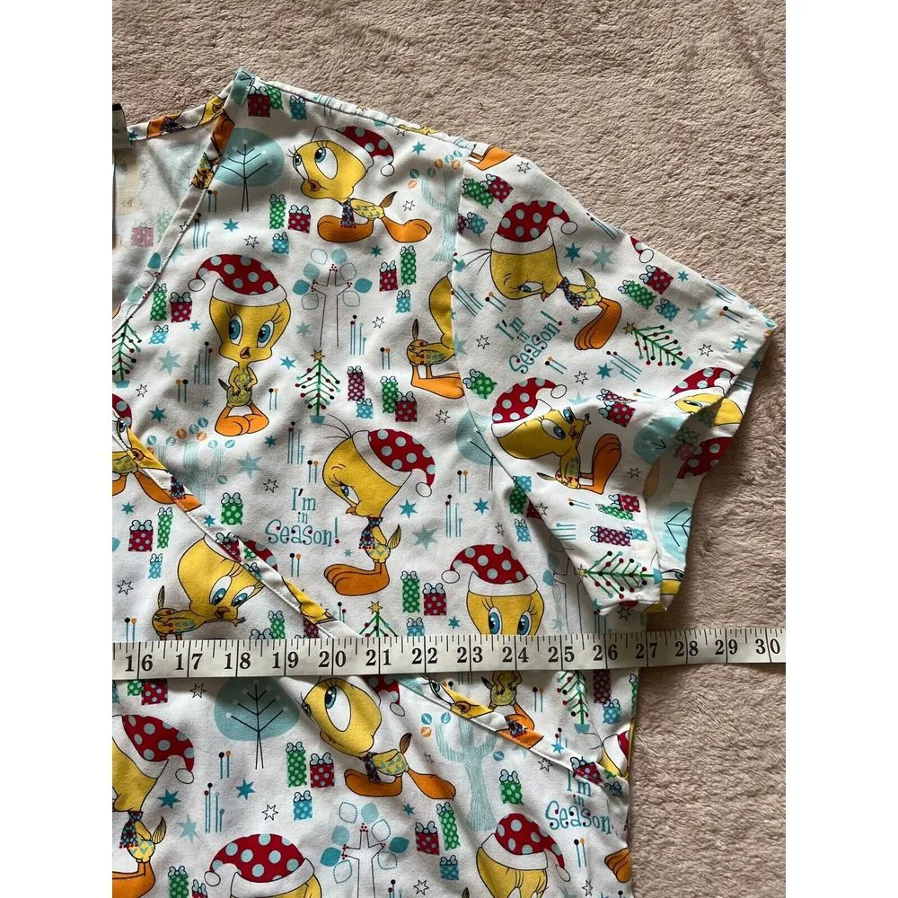 Looney Tunes Tweety Christmas Holiday Scrubs Women's White‎ Top Sz 2X White - Image 5