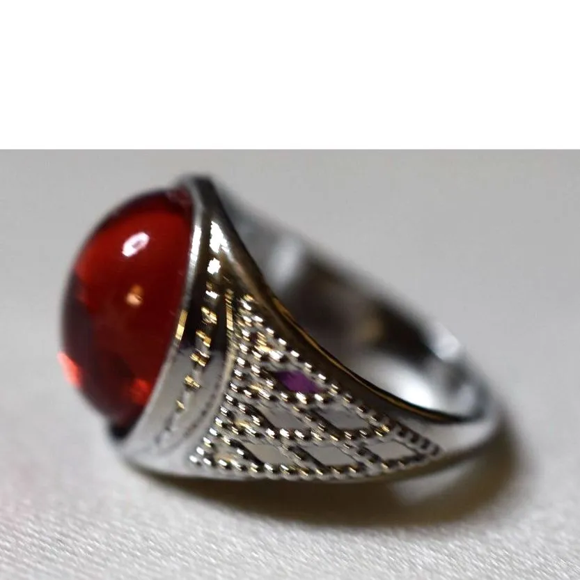 Vivid Red Oval Stone Inlay Diamond Design Etched Band Sizes 4.5,5.5 & 6.5 Rings - Image 3