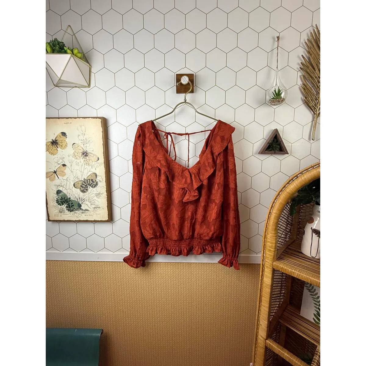 Anthropologie Rust Textured Ruffle Floral Blouse - Size - Large - Image 4