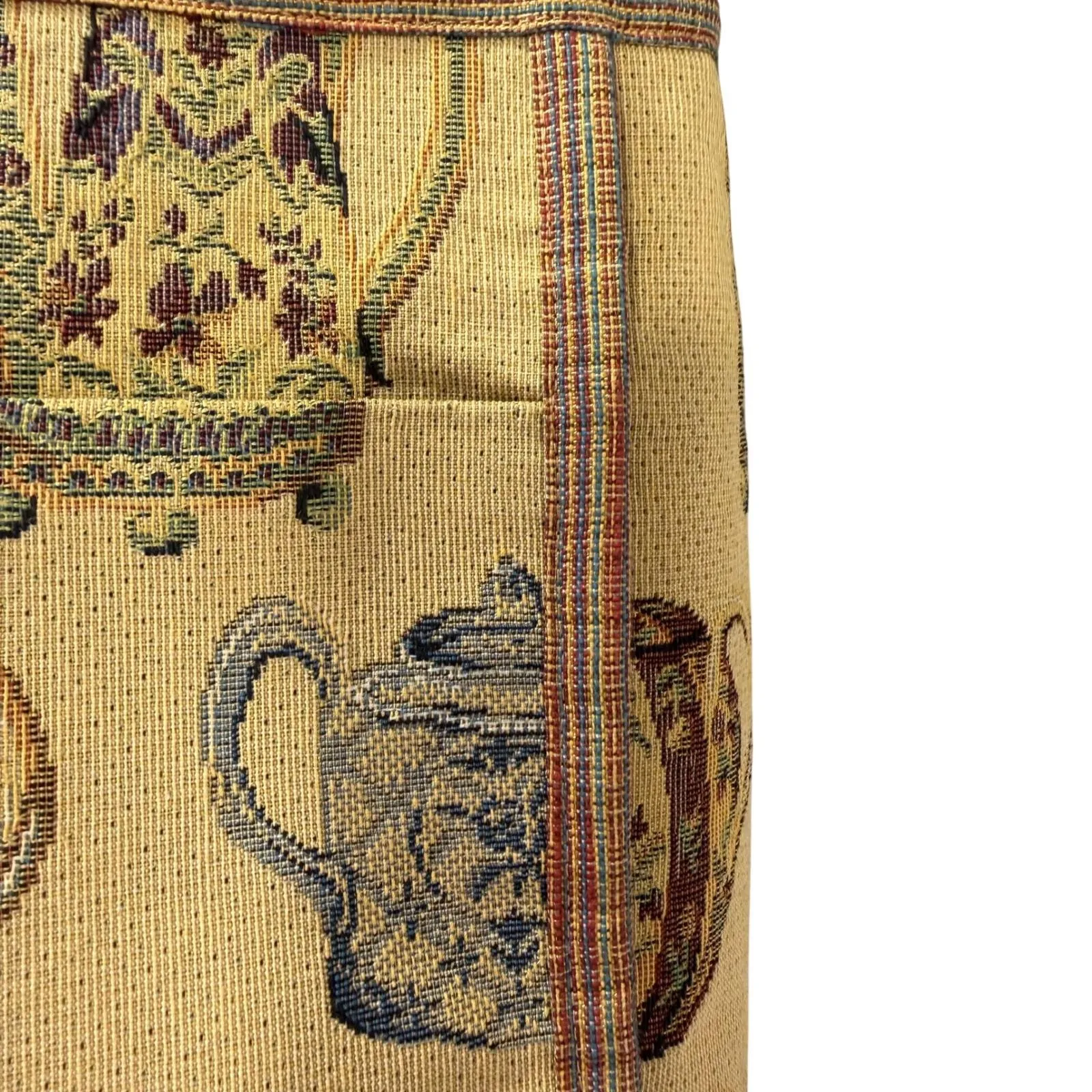 Handmade Vintage Tapestry Tote Bag Teapot Motif Fabric Gold Purse w Tassel - Image 9