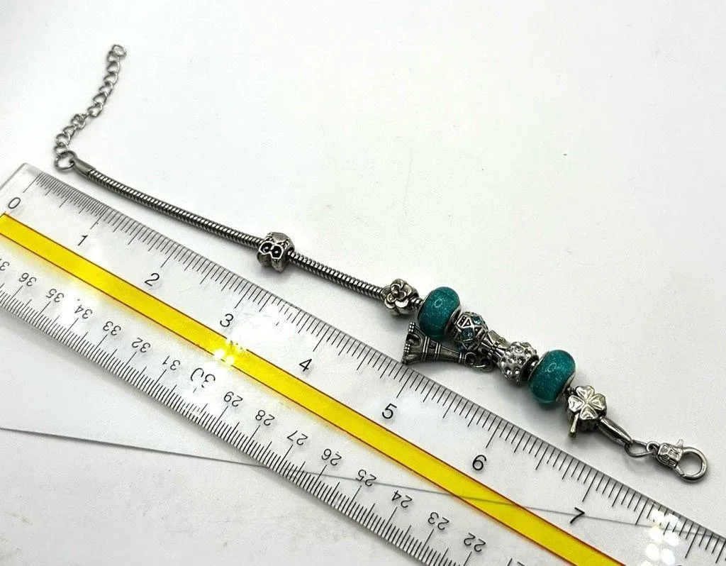 Green beaded rhinestone Eiffel Tower shamrock owl charm bracelet - Image 8
