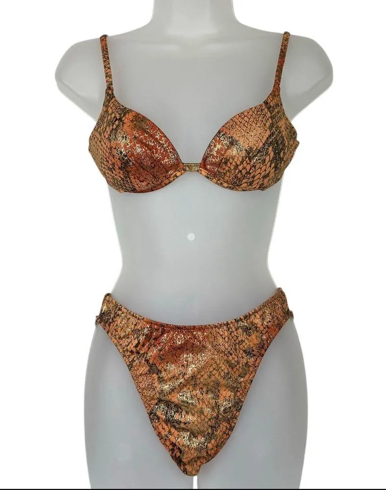 Vtg Venus Womens Orange Gold Metallic Snakeskin Bikini Set Sz A Cup Large - Image 2
