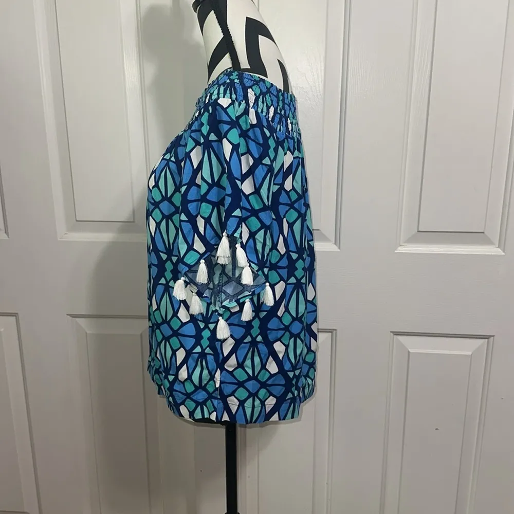 Escapada Blue Geometric Print Blouse w/ Tassels - Image 3