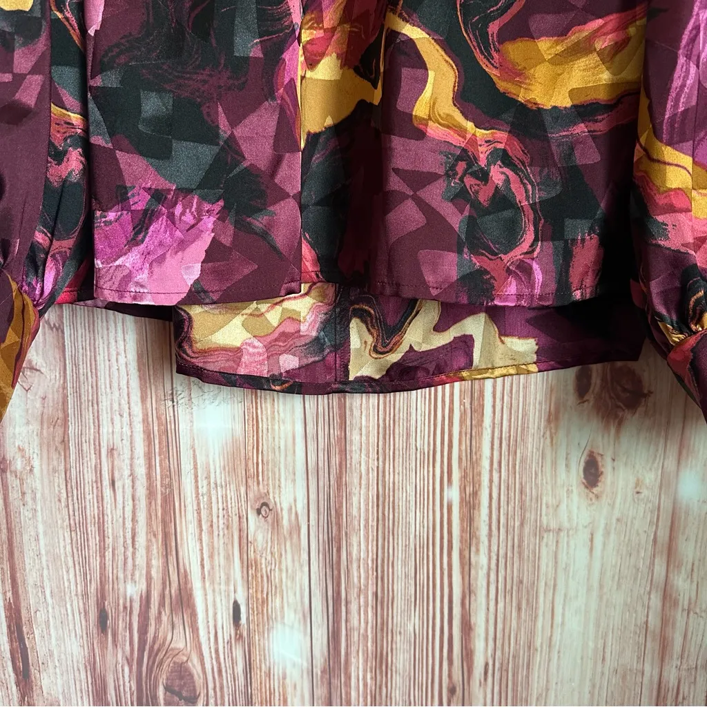 Nine West Plum Purple Abstract Marble Print Mock Neck Long Sleeve Blouse Size XL - Image 5