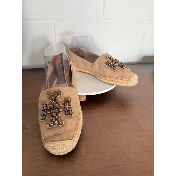 Tory Burch Embellished Espadrille Flats Tan Suede Women's Size 7 Jewel logo - Image 3