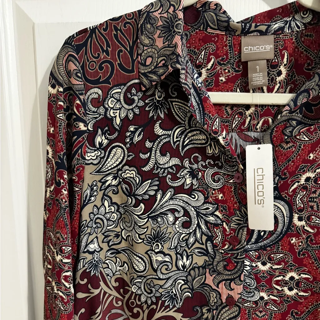 Chico's NEW Womens Baroque Paisley Flutter Tunic Blouse Red Wine size 1, M/8 - Image 2