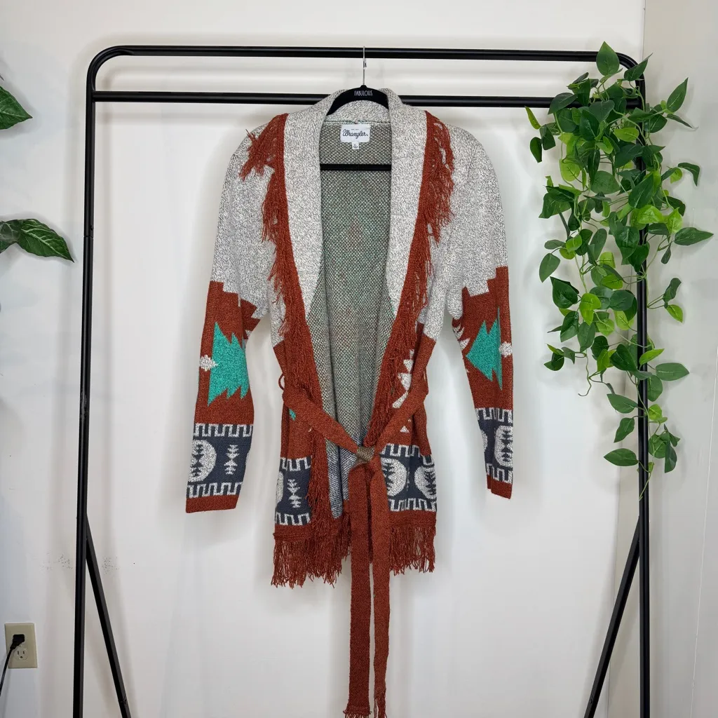 Wrangler Boho Western Aztec Print Fringe Belted Cardigan size XL - Image 4