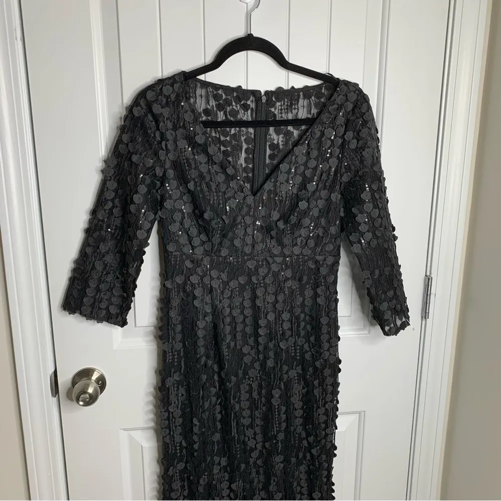 Carmen Marc Valvo 3D floral applique black sequin mermaid black lace‎ gown XS - Image 3