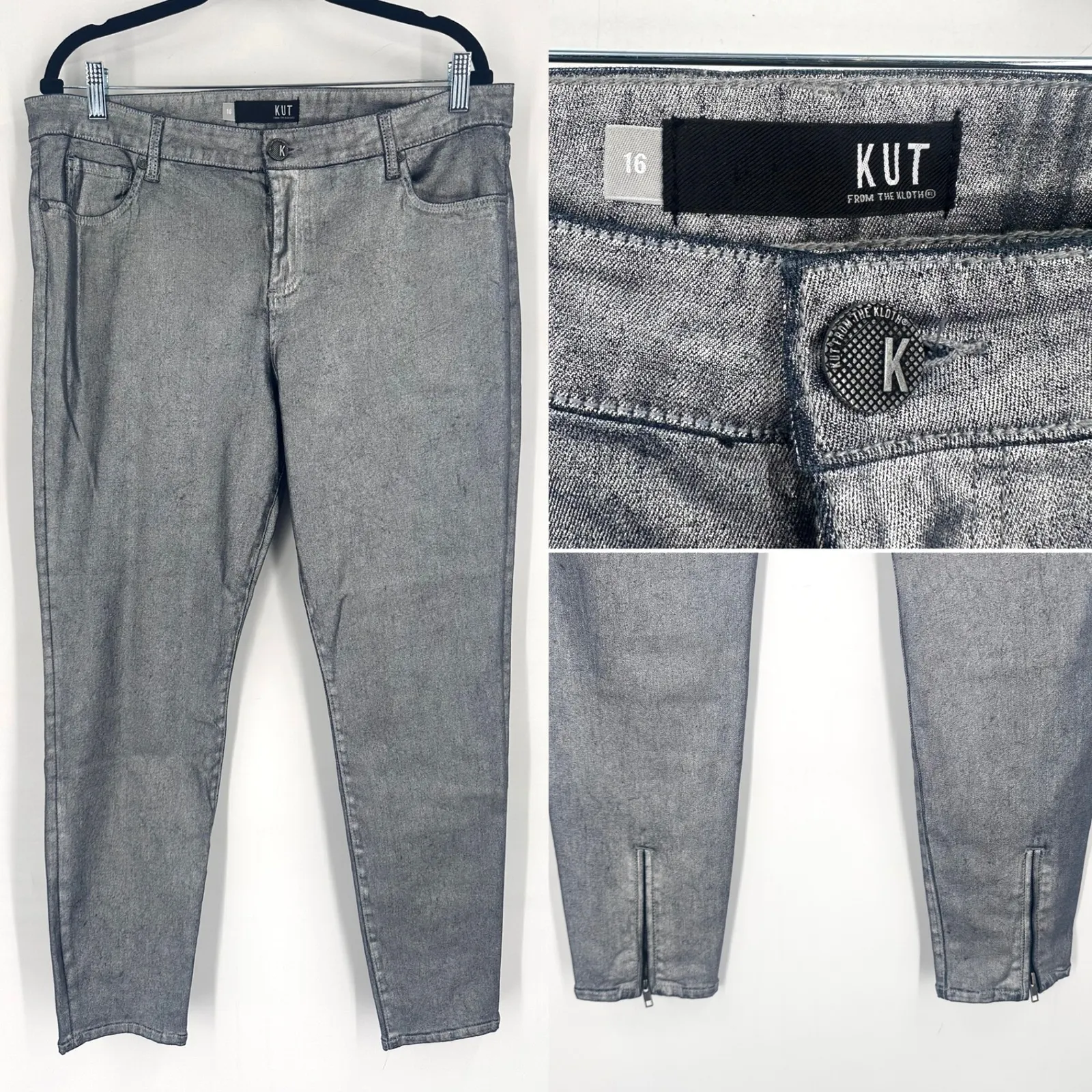 KUT‎ From The Kloth Connie Ankle Skinny Silver Metallic Jeans Size 16 Womens - Image 3