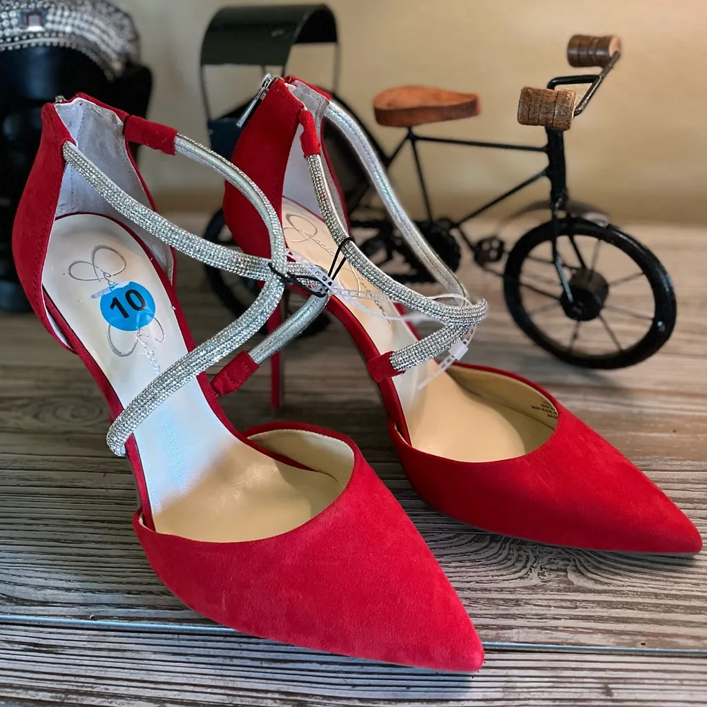 NEW JESSICA SIMPSON Rhinestone Glitter Pointed Toe Pump Festive Holiday Red 10 - Image 6