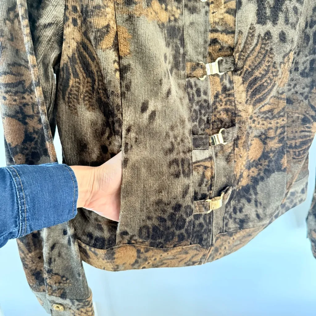 Vintage St. John Sport Marie Gray Corduroy Magnetic Zipper Military Jacket Large Brown - Image 6