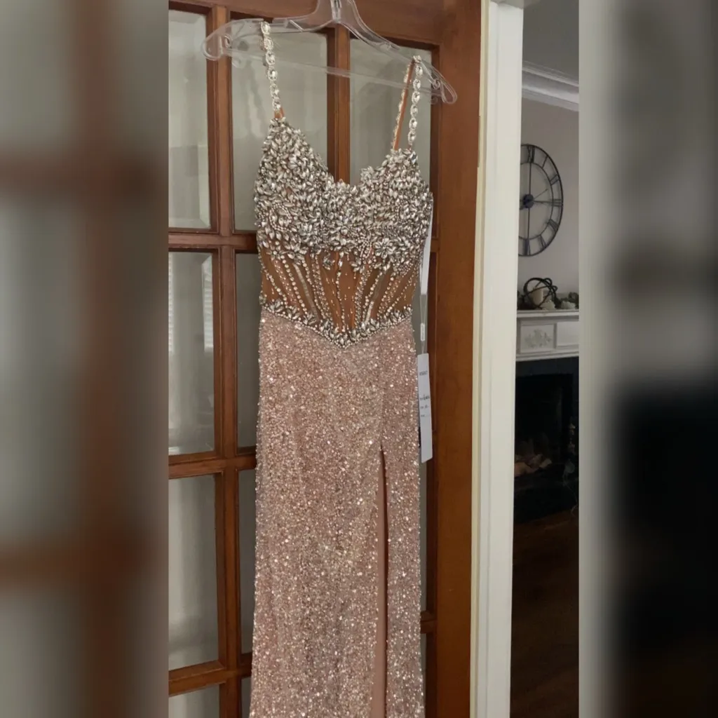 Sparkly luxury crystal rhinestone silver & nude prom dress pageant evening gown Size 00 - Image 4
