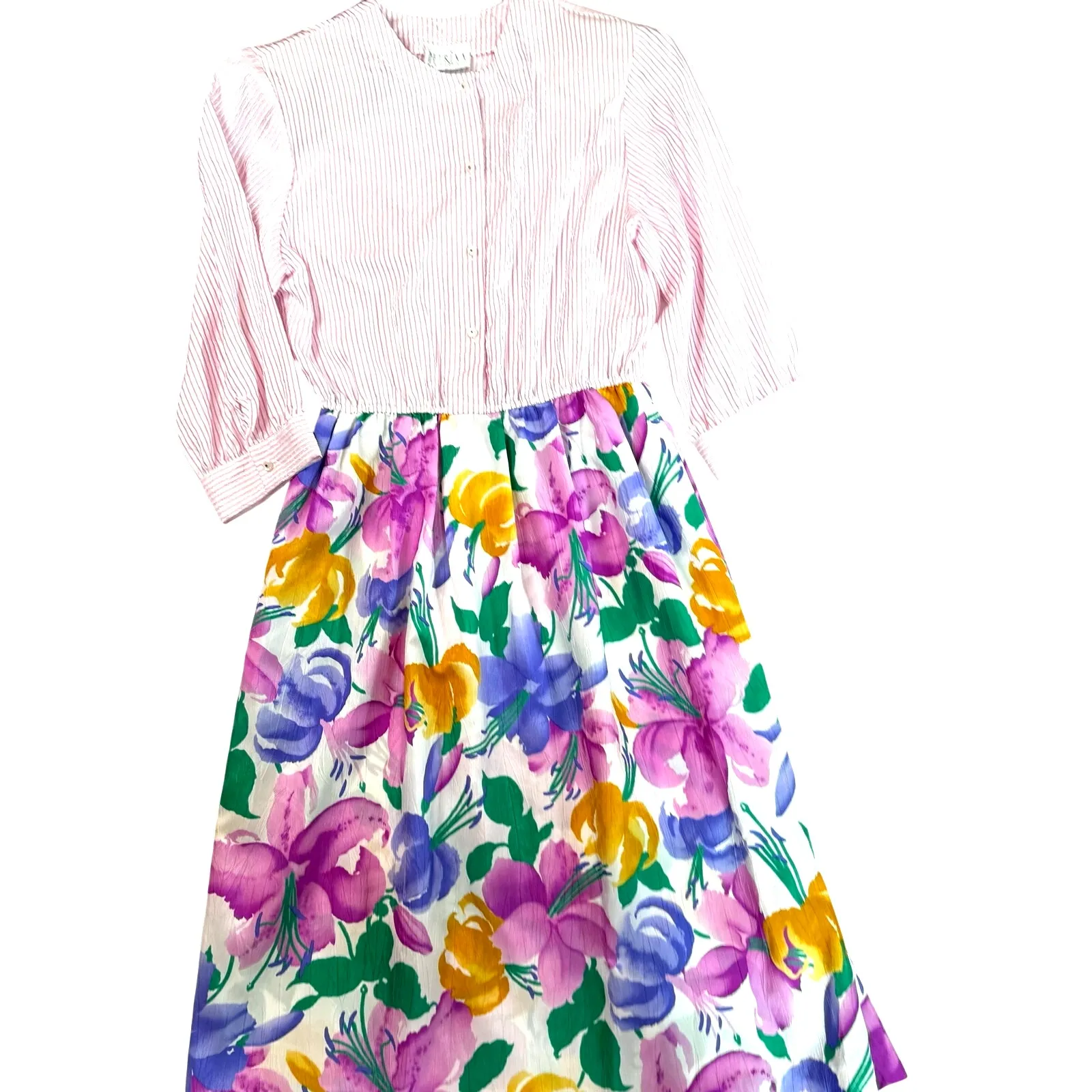 Vintage 80s Petrina Floral Stripe Dress sz Medium Belt Scarf Set Pockets Bright Pink - Image 5