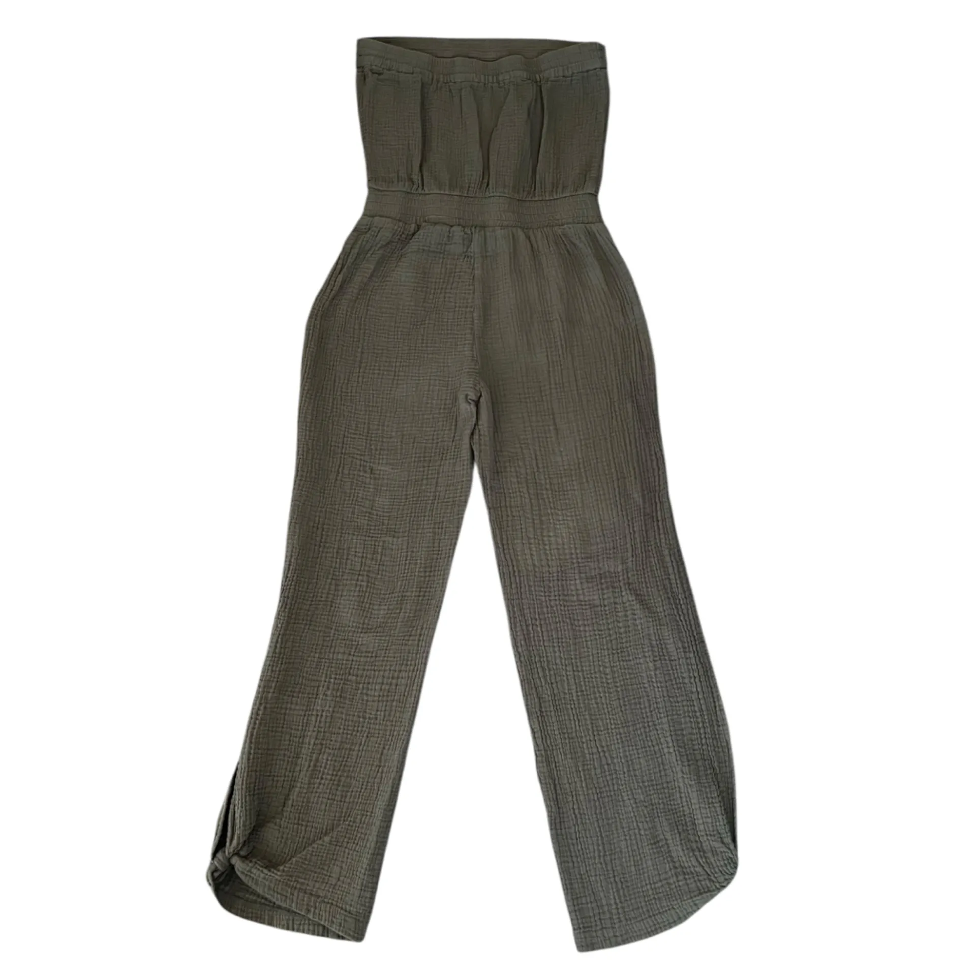 Drew Women’s Cotton Gauze Crinkle Strapless Straight Leg Jumpsuit Olive Romper M - Image 6