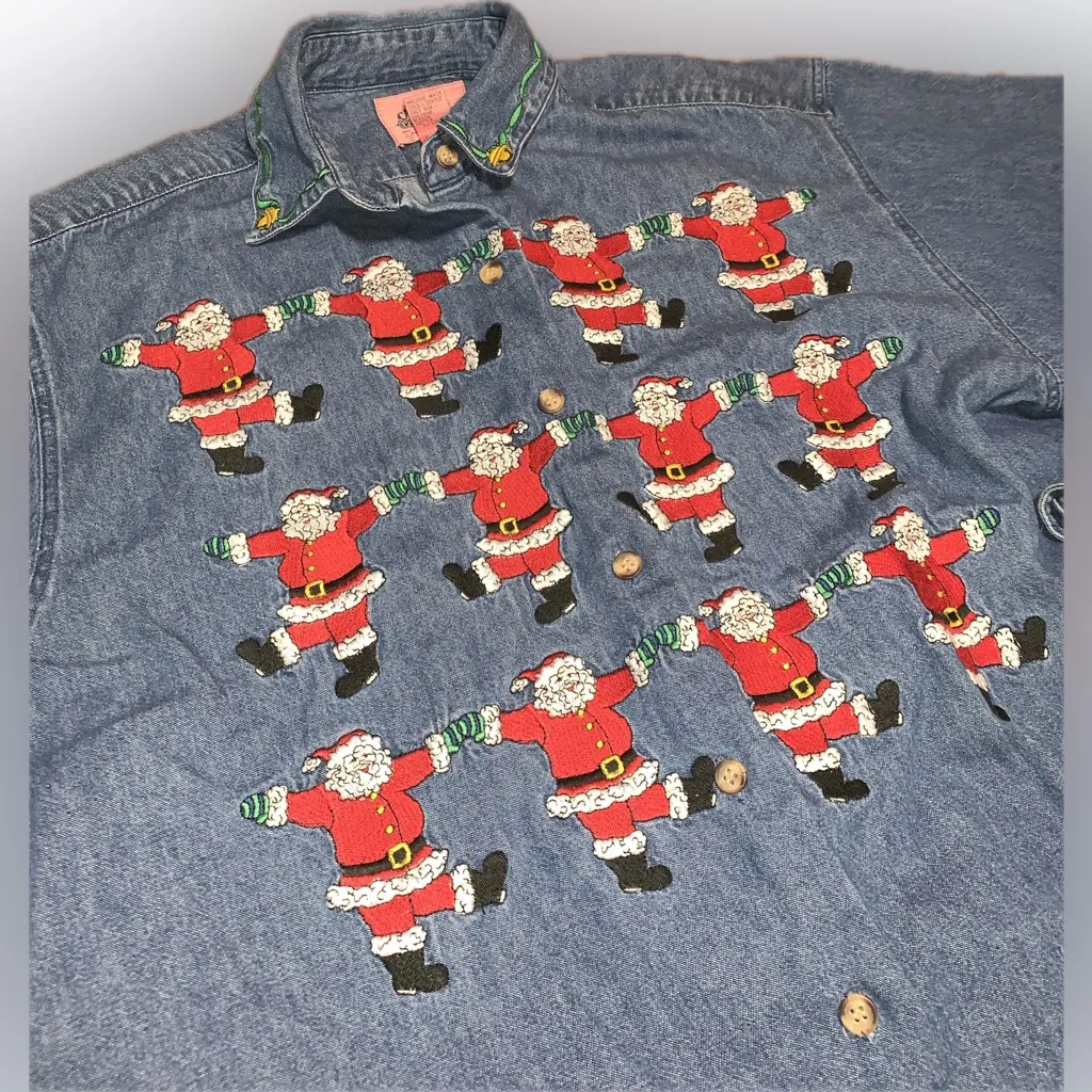 Vintage Embroidered Dancing Santa Oversized Baggy Denim Button Down Shirt S Blue - Image 8
