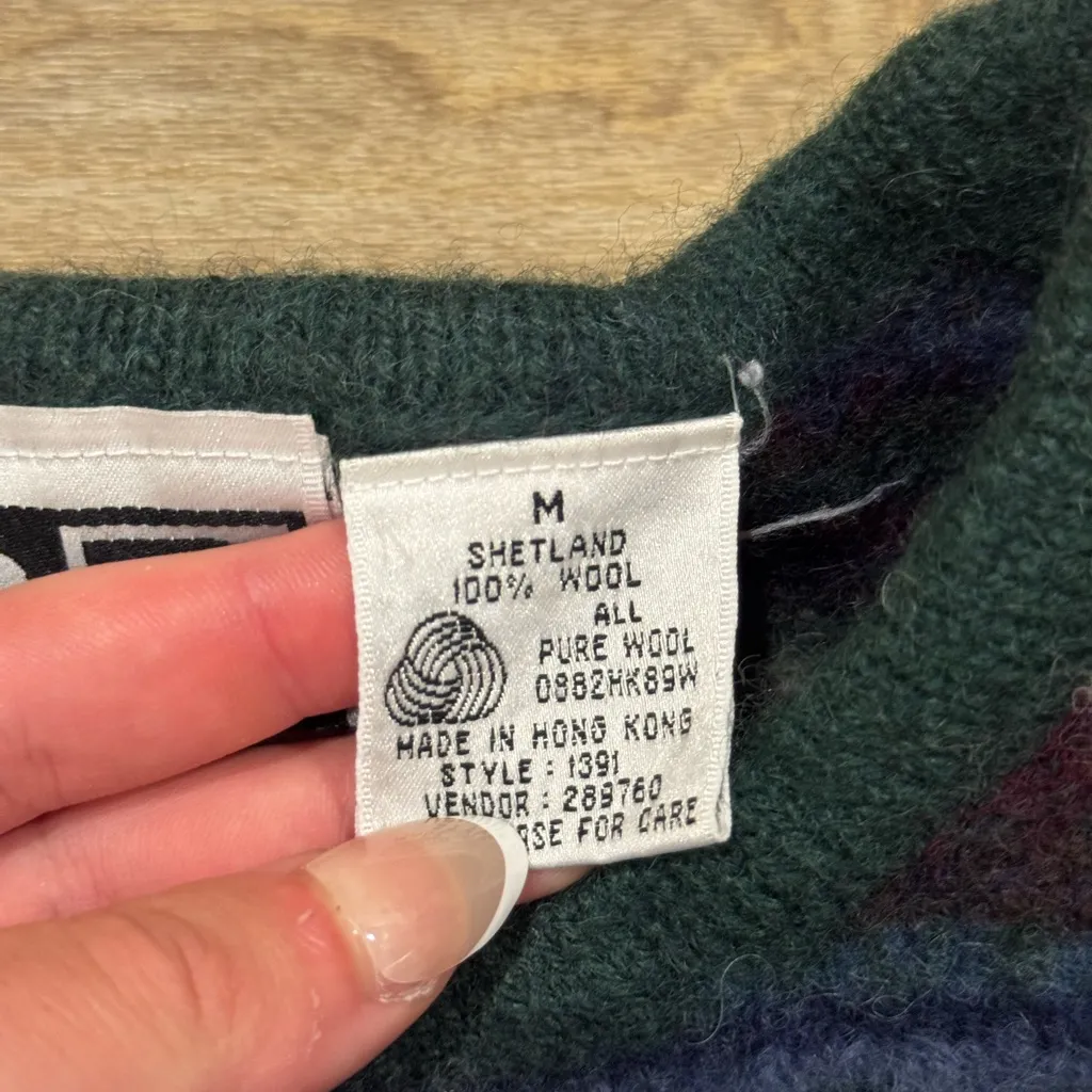 Vintage Nordstrom Sweater Cardigan 100% Wool Green Blue Striped Size M - Image 3