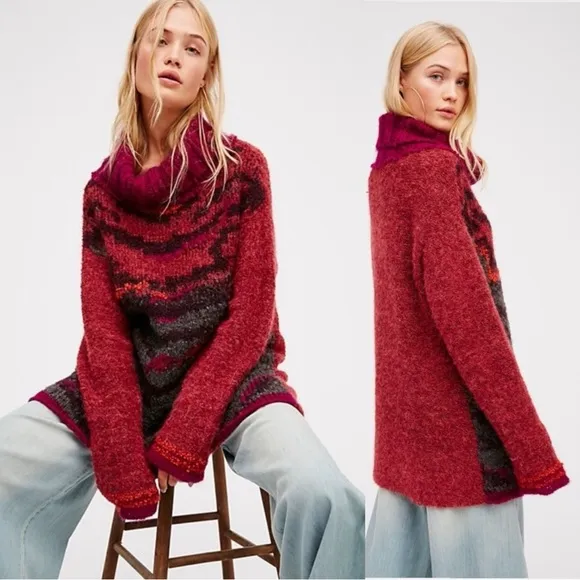 Free People Oversized Chunky Knit Tiger Eye Turtleneck Medium Wool Alpaca Mohair - Image 2