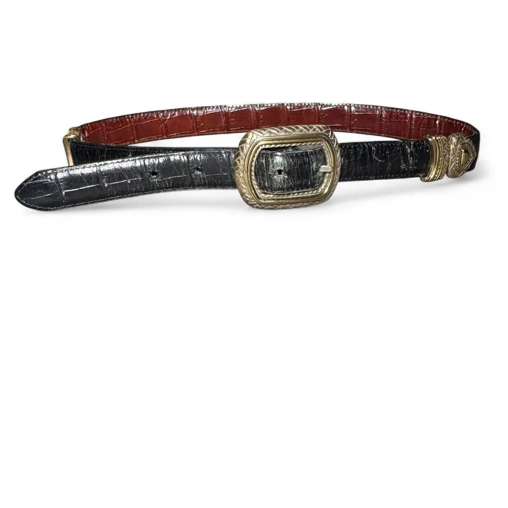 Women’s Size S Black Brown Reversible Belt Western Style Gold Buckle croc emboss - Image 4