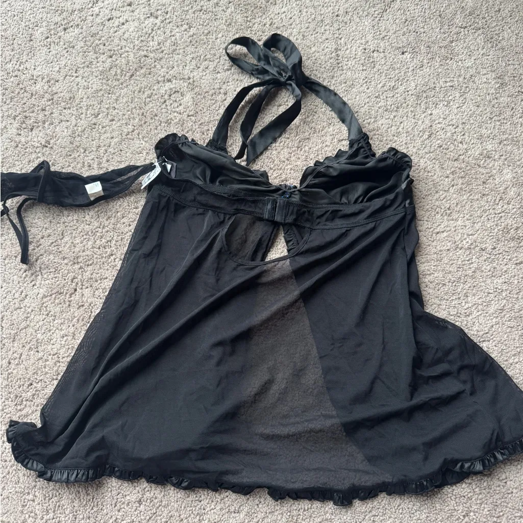 NWT Frederick's of Hollywood black lingerie babydoll slip with rose detail - L - Image 8