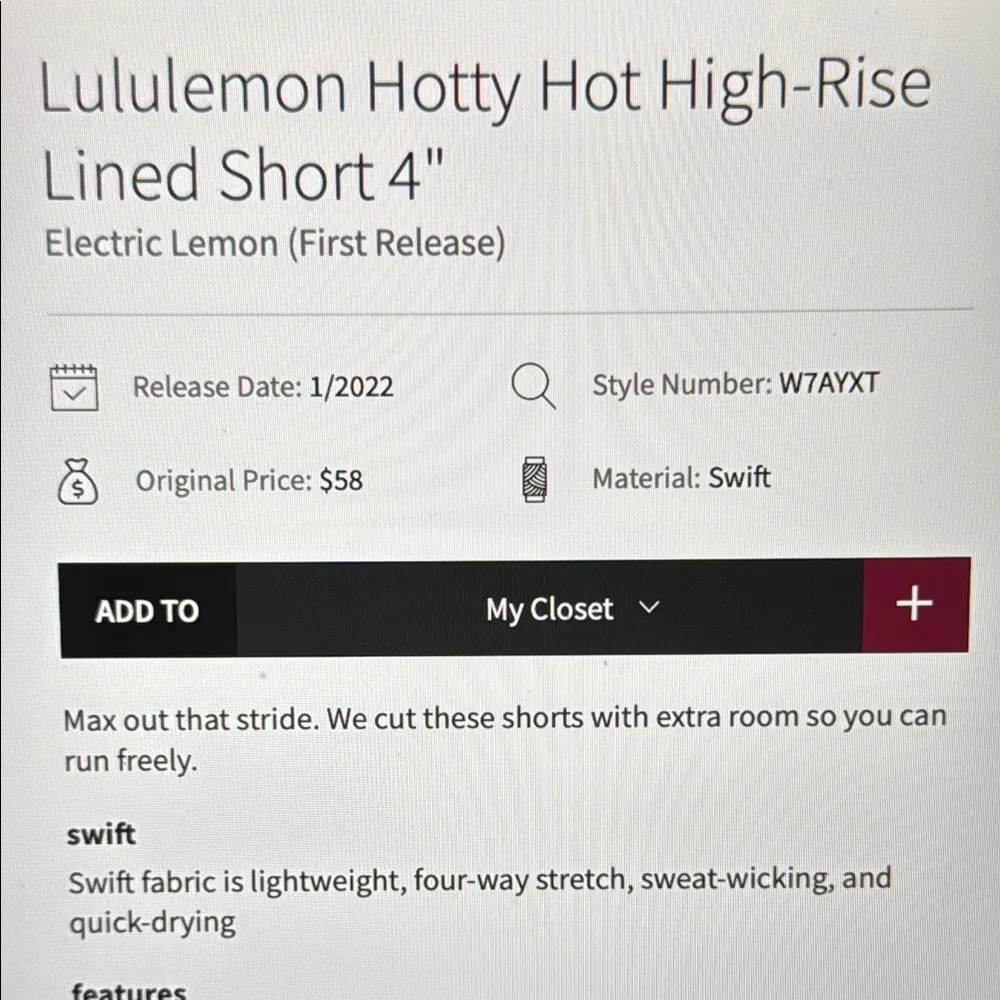 Lululemon Hotty Hot High Rise Lined Short 4” Sz6 Electric Lemon - Image 5