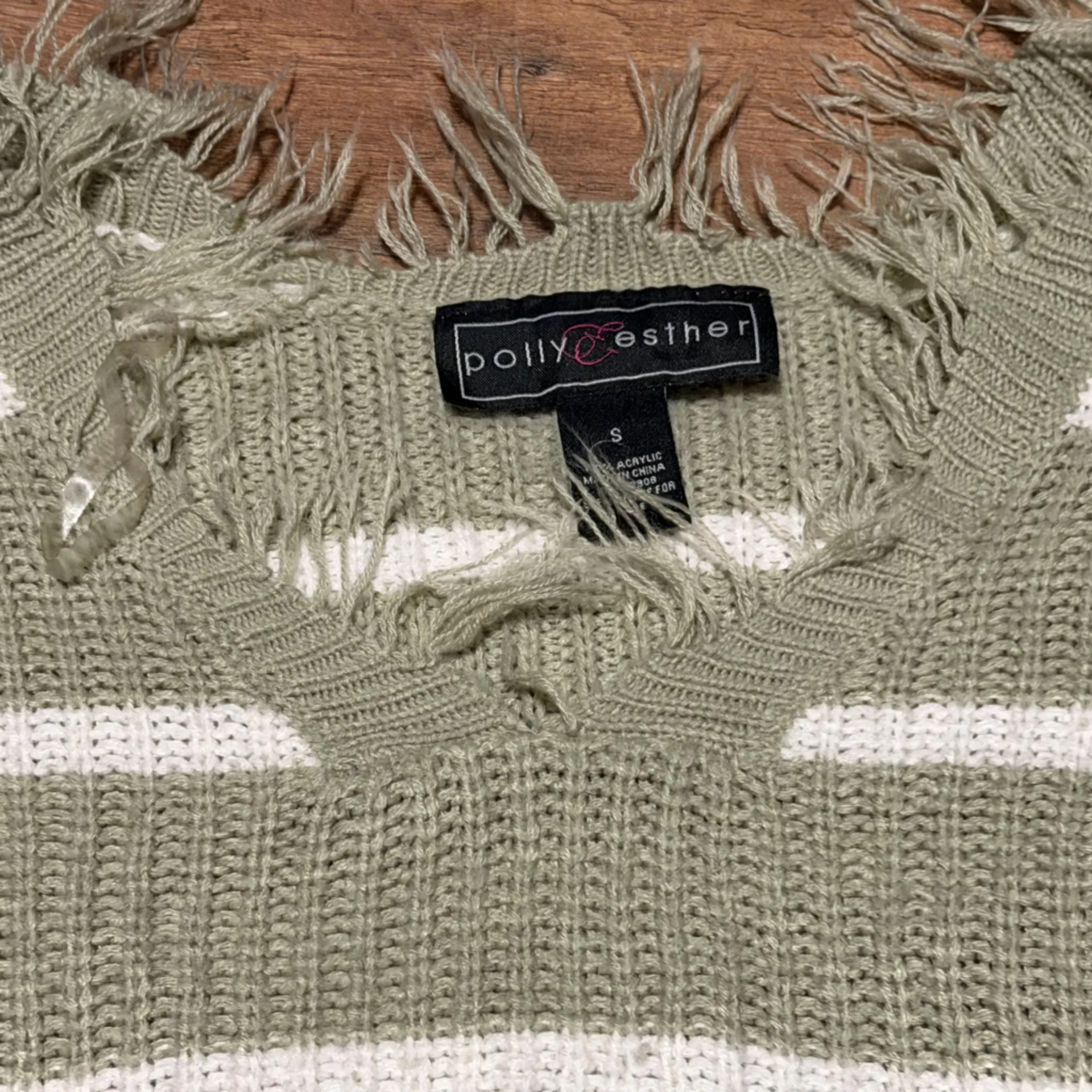 Polly & Esther Olive and Cream Striped fringed oversized cropped Sweater szsmall - Image 6