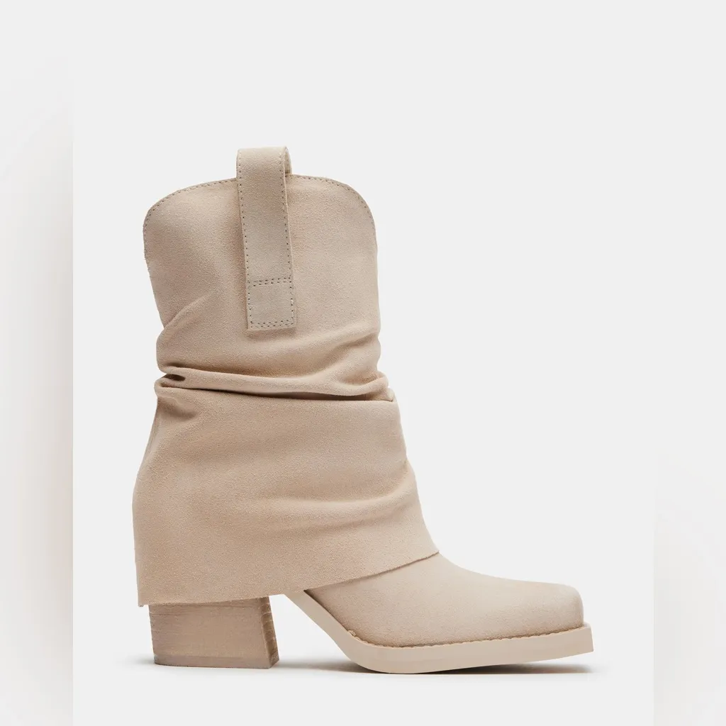NEW Steve Madden Pia Suede Foldover Square Toe Block Heel Boots Natural Bone 6.5 - Image 3
