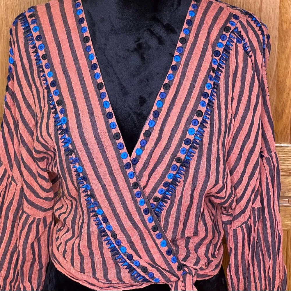 Free People Barcelona Nights Crop Wrap Top Blouse w/ Tie Gauzy Cotton Size Small - Image 8