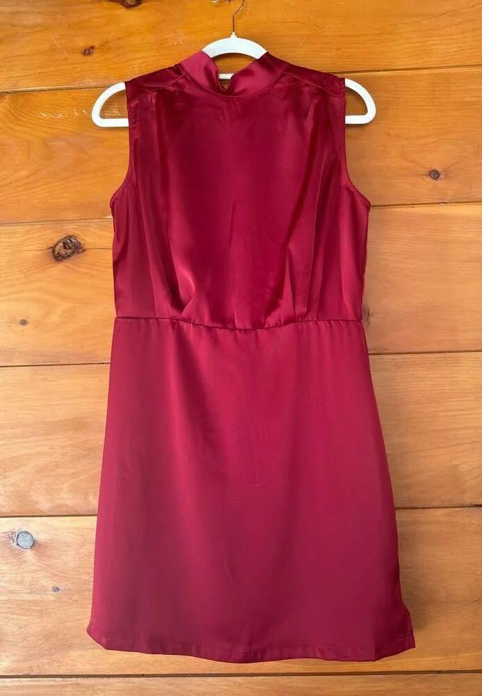 Lulus Classic Elegance Wine Red Satin Sleeveless Mock Neck Mini Dress Cocktail L - Image 3