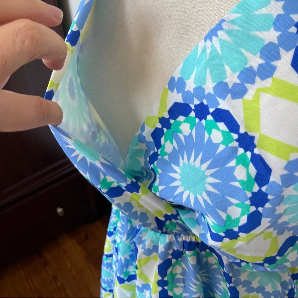 Retro Patten Sleeveless Blue & Green V-Neck Sun Dress - Image 6