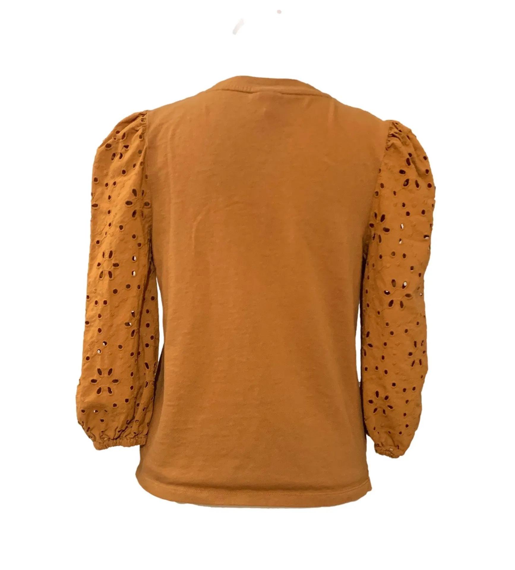 Saddle Brown Eyelet 3/4 Puff Sleeve Crew Neck Casual Blouse - Image 2