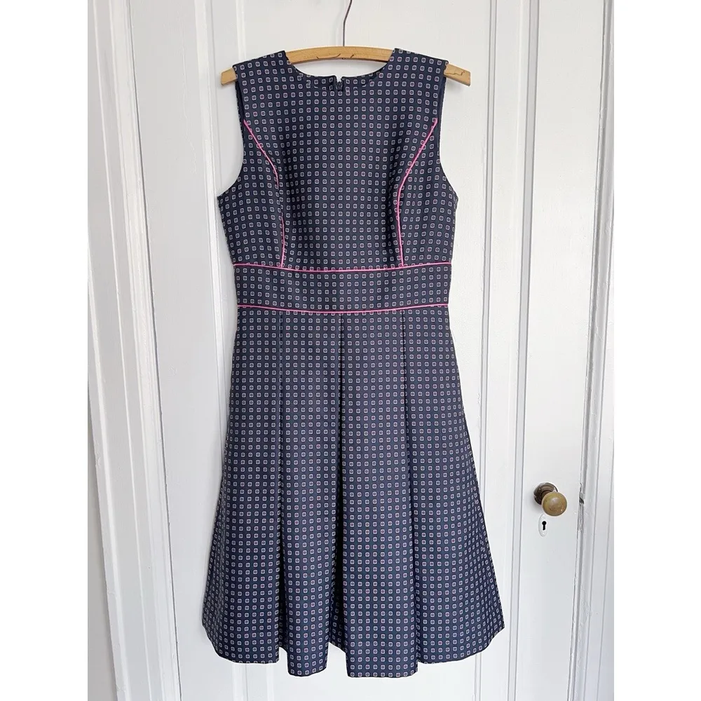 J Crew • Pleated Full-skirt Jacquard Dress navy blue pink dotted cocktail party - Image 3