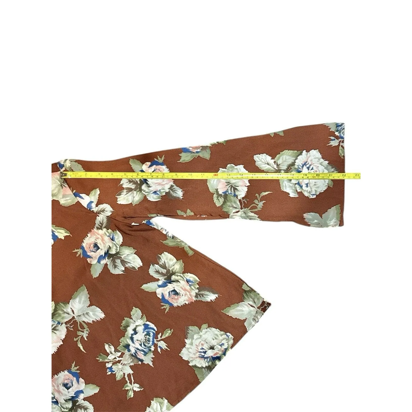 ASTR The Label‎ Blouse Brown White Floral Bell Sleeve Scoop Top Women's Sz XS - Image 5