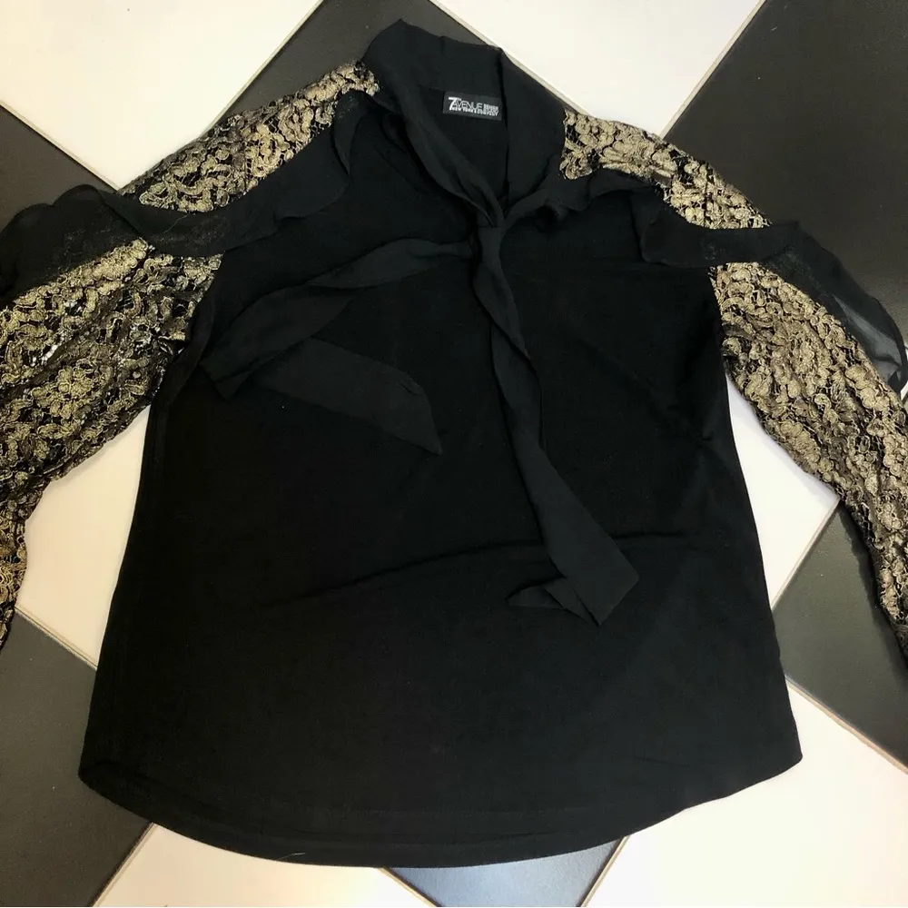7th Avenue New York & Company Black Blouse Gold Lace Long Sleeves Neck Tie Large Multiple - Image 2