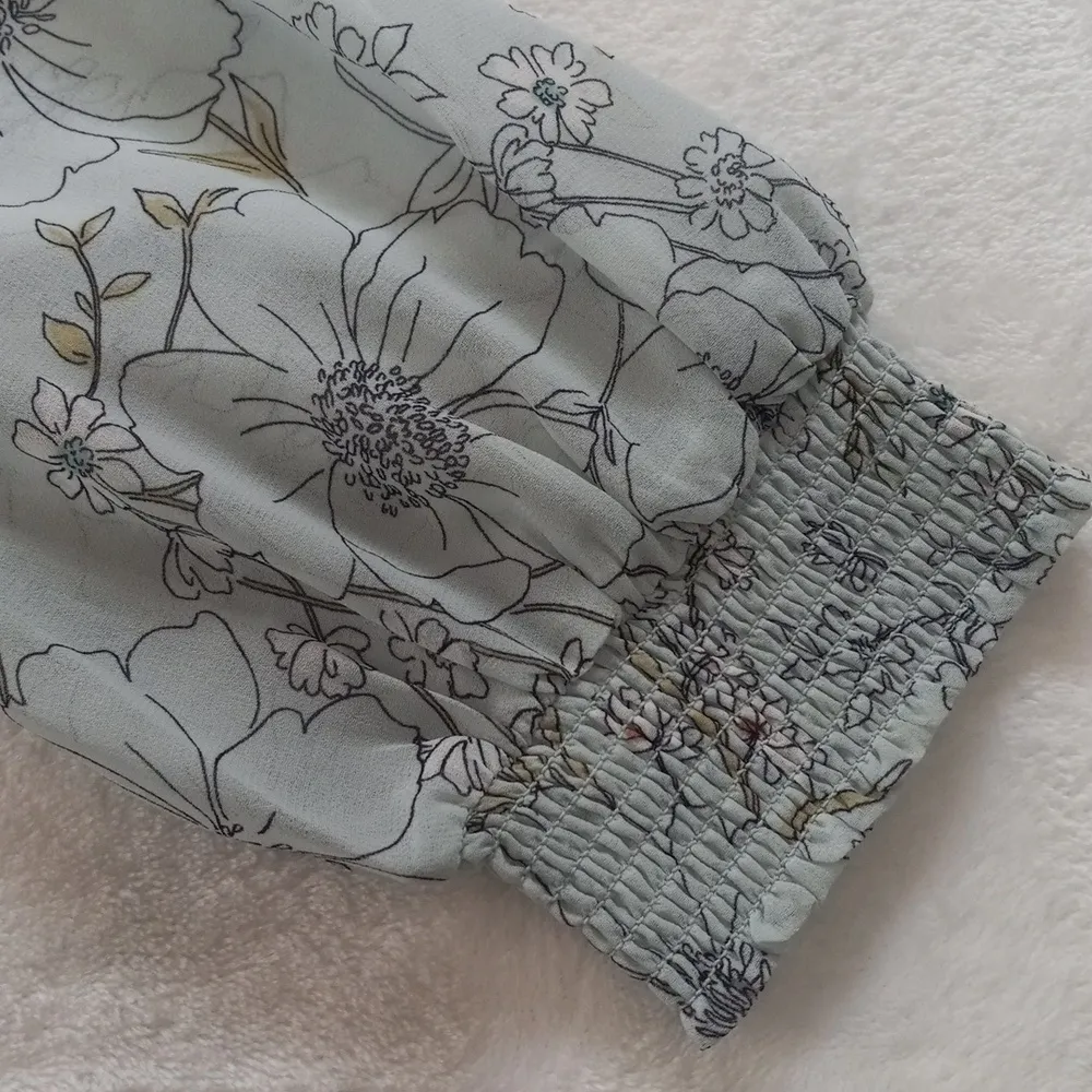 Lovestitch Light Blue Multicolored Floral Print Sheer Bohemian Tassel Blouse - Image 9