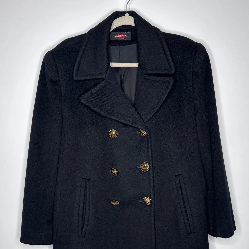 Vintage Alorna Black Wool Peacoat 1980s Petite Gold Lion Buttons M to L - Image 2