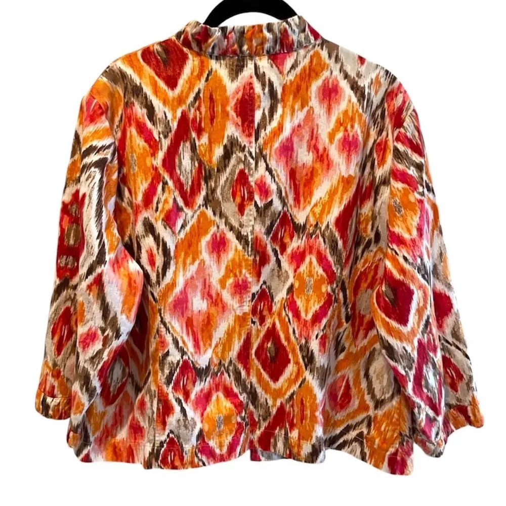 CHICO’S  Retro Abstract Print‎ Open Front Jacket Orange Red Gold Size 3 (16) - Image 6