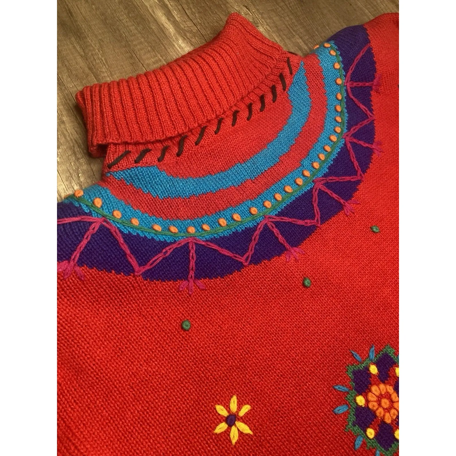 Vintage 80s Red Turtleneck Sweater Women L Chunky Bold Embroidered Shoulder Pads Size L - Image 2