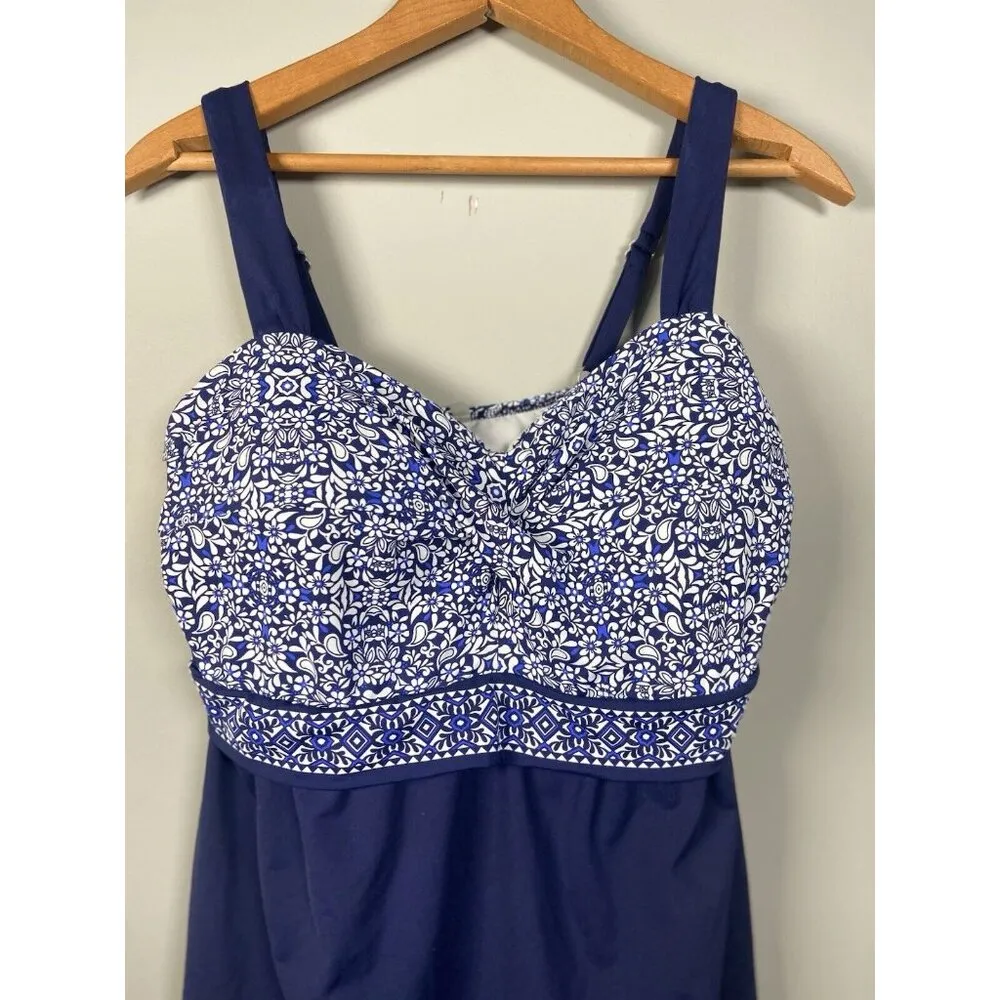 Lands End 12 Tankini‎ Swimsuit Top Blue Floral Womens Underwire Beach Cruise - Image 2