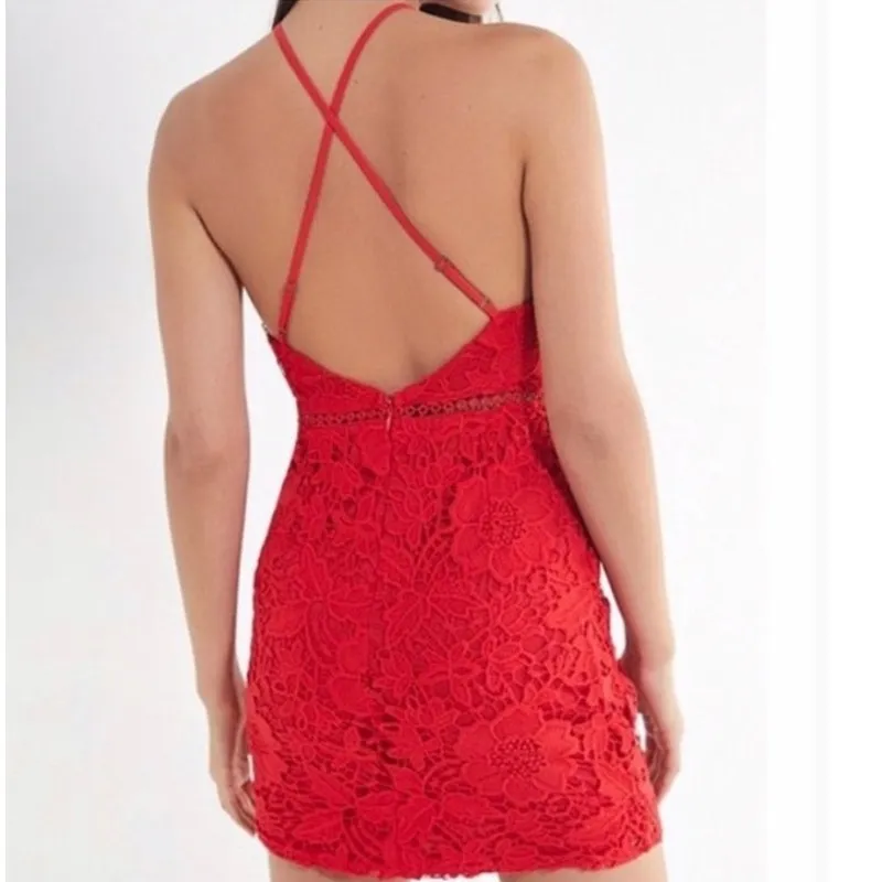 Urban Outfitters Red Lace High Neck Mini Dress Size M Halter Bodycon Party - Image 2