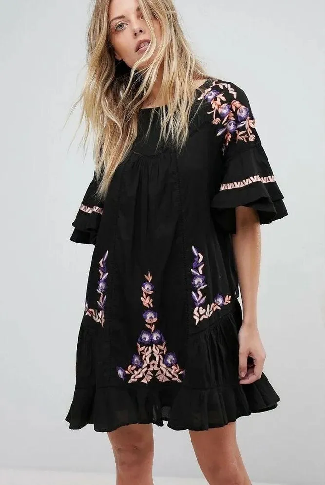 Free People Pavlo Embroidered Babydoll Tunic Mini Dress Black Floral Boho XS - Image 3