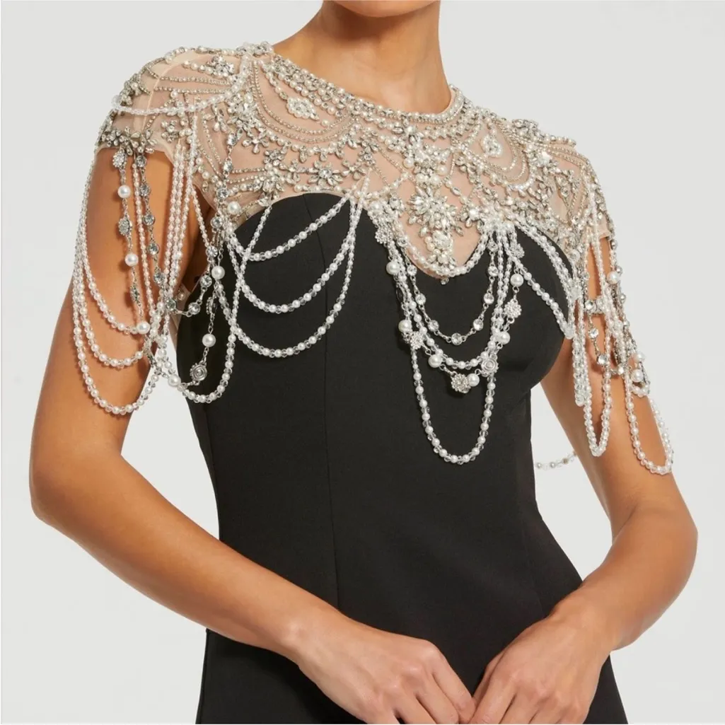 Mac Duggal 11775 Black Draped Pearl Beaded Mermaid Gown sz 10 - Image 3