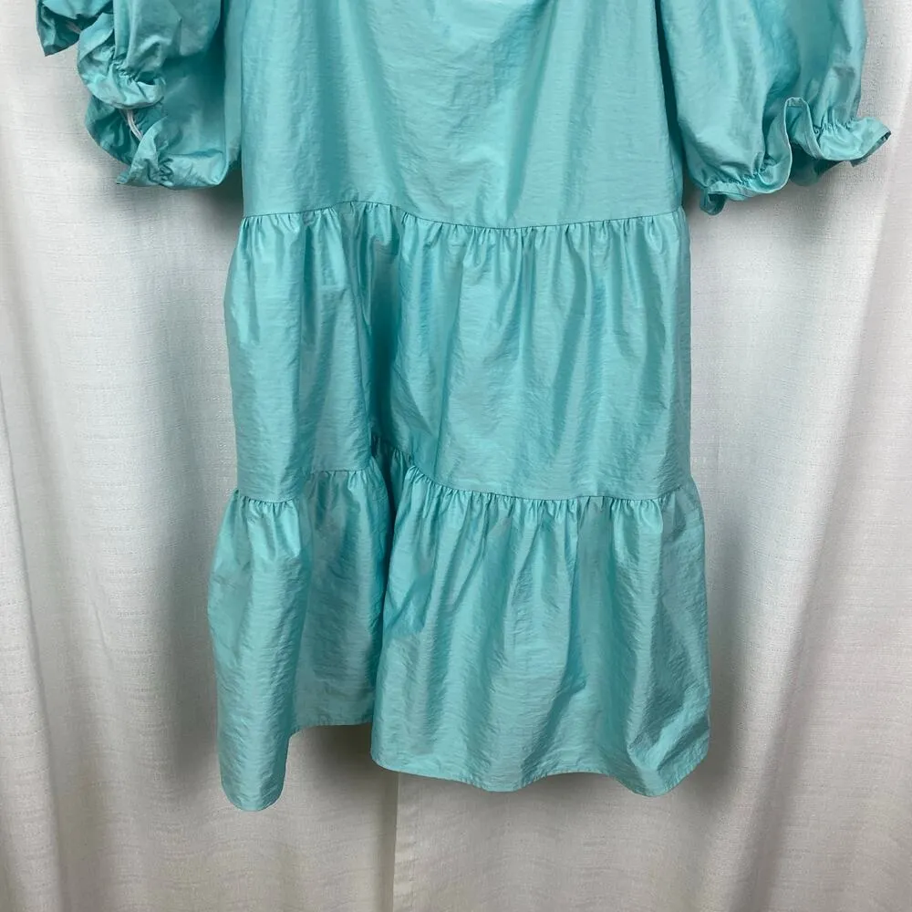 Eloquii Teal Puff Sleeve Asymmetrical Neckline Tiered Trapeze Mini Dress Sz.24W - Image 6