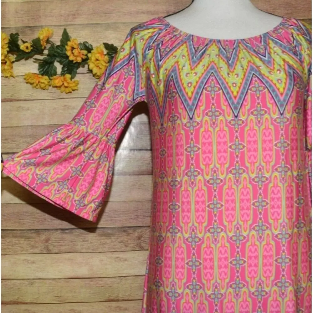 R. Rouge Pink Hippie Retro Midi Dress Size S Bell Sleeves Fringe Colorful Bright - Image 5