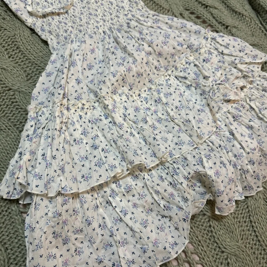 CB Positano Blue Floral Smocked Lacrosse Tie Detail Dress - Image 4