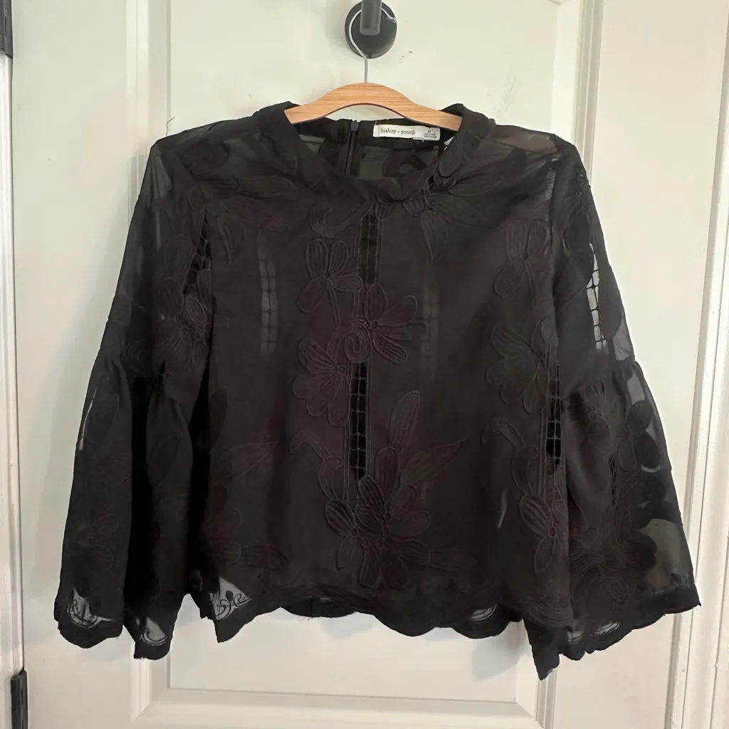 BISHOP + YOUNG PALERMO FLARE SLEEVE TOP Sz M Sheer Elegant Party Holiday - Image 3