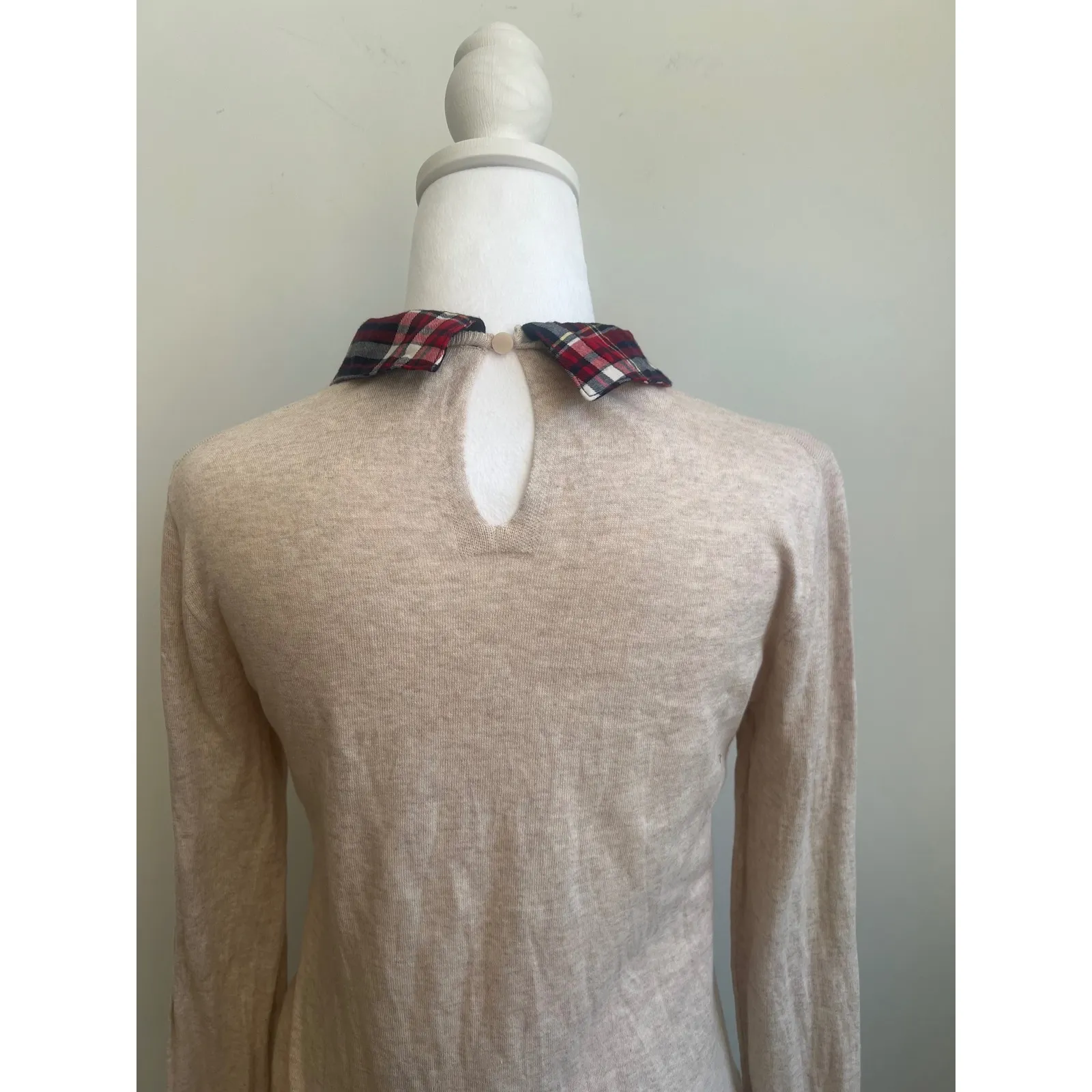 J. Crew long sleeve shirt‎ Women's size s Beige with Plaid Collar & Hem Tan - Image 6