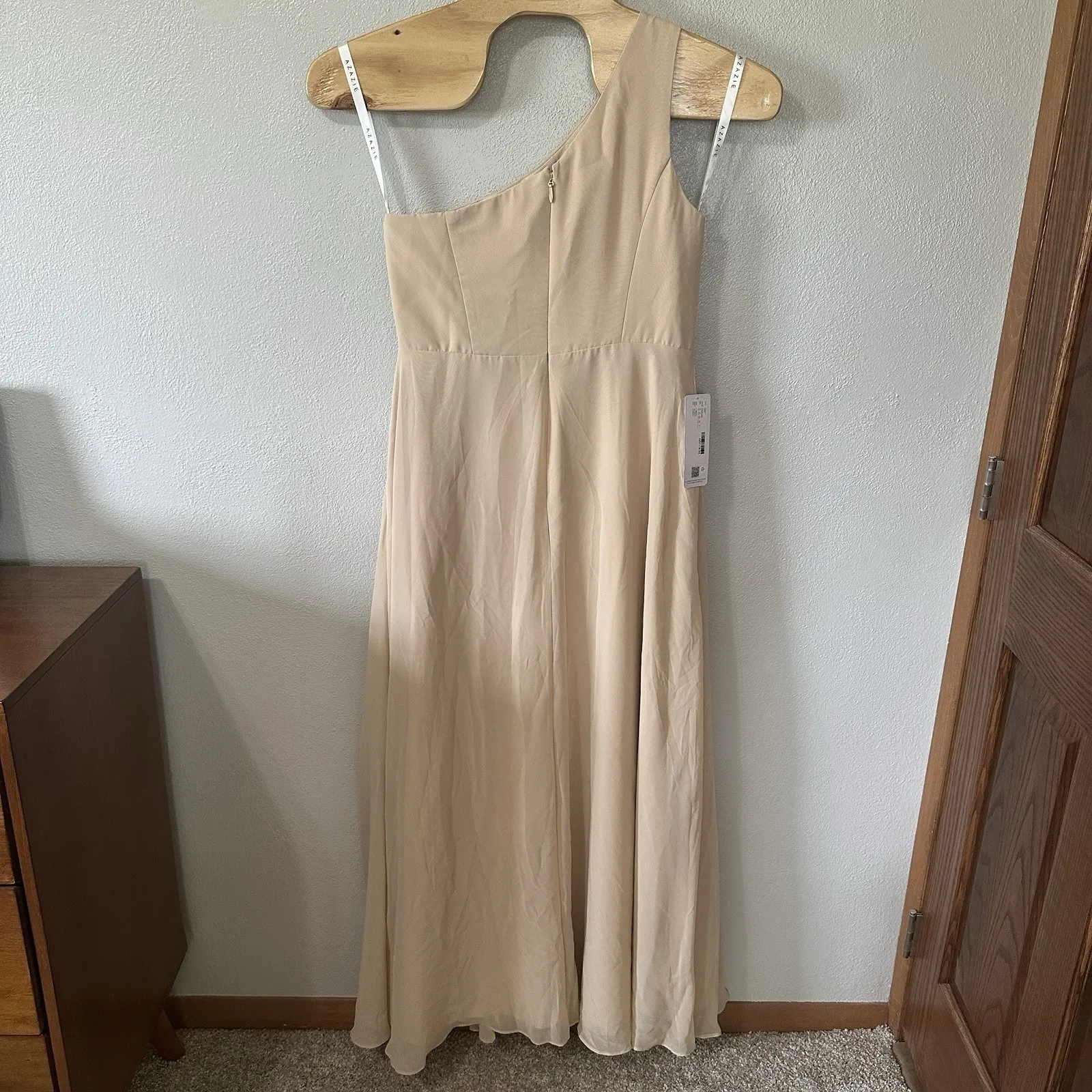 NEW Azazie Brooke Bridesmaids Dress Champaign Sz A14 One Shoulder Aline Chiffon - Image 5