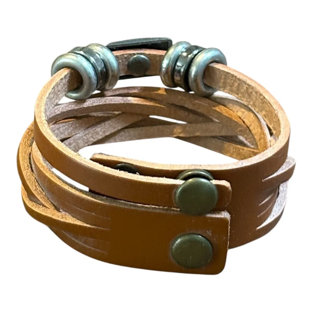 Brown Braided Leather Wrap Bracelet Silver Tone‎ Metal Accents Adjustable Snap - Image 6